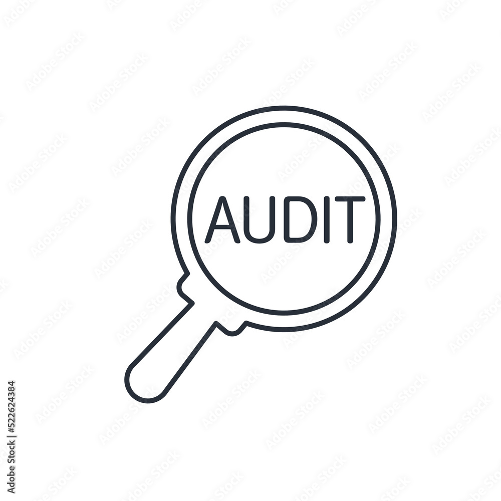 Magnifying glass with an inscription. Auditor monitoring. Vector linear icon isolated on white background. Magnifying glass with an inscription. Auditor monitoring. Vector linear icon isolated on white background.