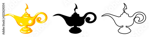 Cartoon genie lamp. Vector illustration isolated on white background.