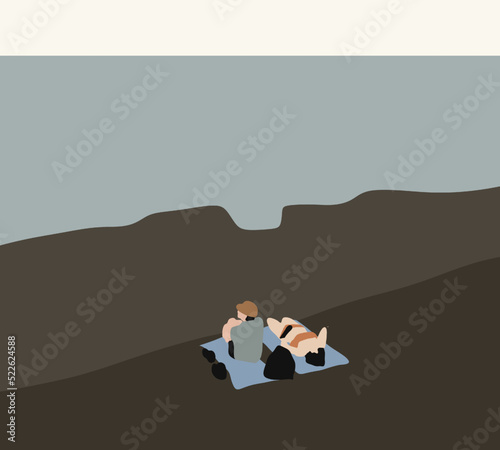 Couple looking at seascape during sunset. Man and a woman are traveling on honeymoon holiday vacation.. Copy space