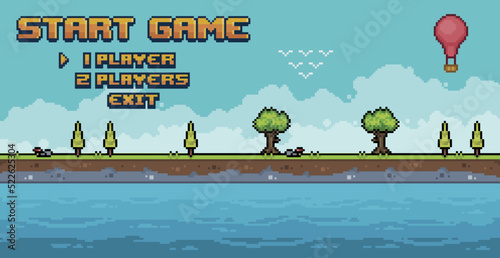 Pixel art adventure game menu game home screen with sea ​​coast landscape 8 bit vector background
