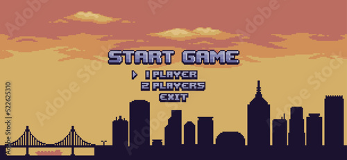 Pixel art city game home screen. Vector 8bit game background with sky, buildings, constructions