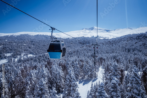 Cable Car way to snowy uludag mountains in bursa turkey with beautiful view from the top