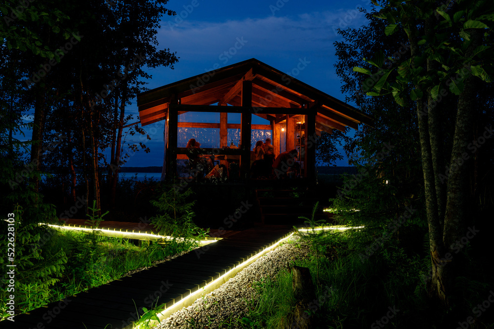 Night lights at the glamping in the forest