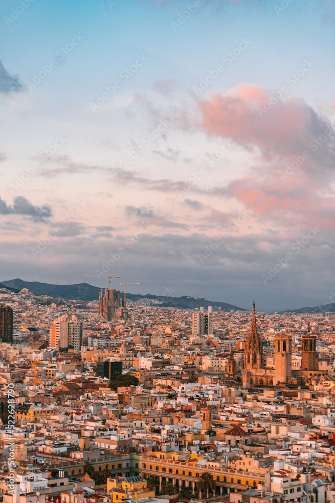 Barcelona cityscape of the old town Ciutat Vella Gotic at Sunset 