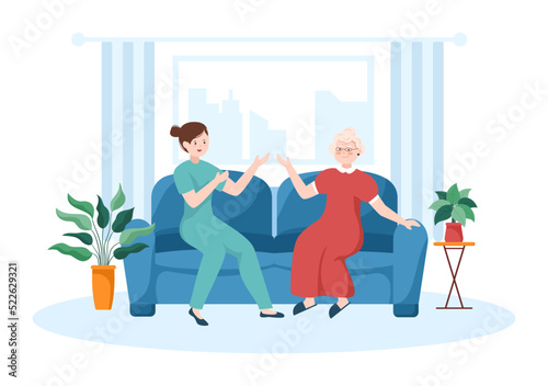 Elderly Care Services Hand Drawn Cartoon Flat Illustration with Caregiver, Nursing Home, Assisted Living and Support Design