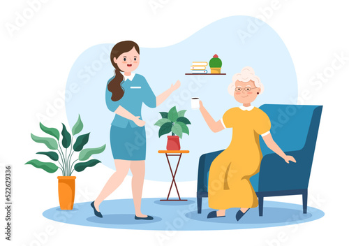 Elderly Care Services Hand Drawn Cartoon Flat Illustration with Caregiver, Nursing Home, Assisted Living and Support Design