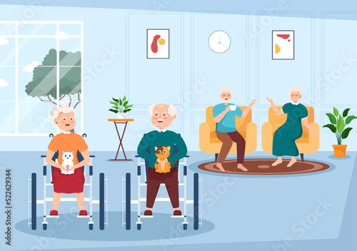 Elderly Care Services Hand Drawn Cartoon Flat Illustration with Caregiver, Nursing Home, Assisted Living and Support Design