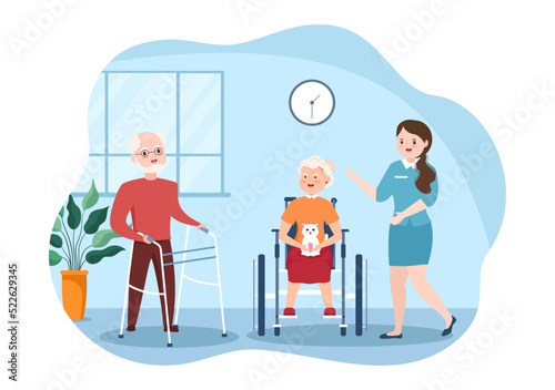 Elderly Care Services Hand Drawn Cartoon Flat Illustration with Caregiver, Nursing Home, Assisted Living and Support Design