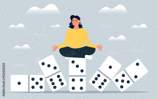 Meditating woman concept. Character in lotus position sits on dice, metaphor for creative personality. Internal balance, psychology and concentration, awareness. Cartoon flat vector illustration
