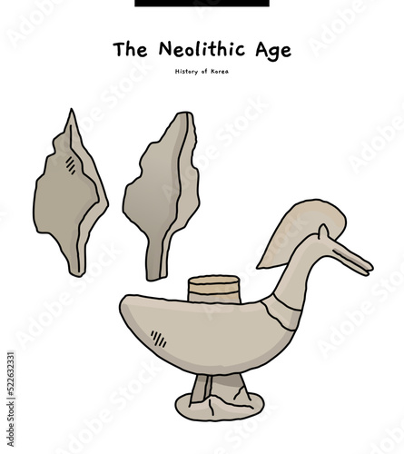 This sketch depicts prehistoric artifacts such as earthenware, hunting stones, fist axes.	