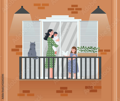 People on balcony. Mother with son and daughter in apartment, happy family on summer or spring day. Architecture and exterior. Woman, boy, girl and cat outdoor. Cartoon flat vector illustration