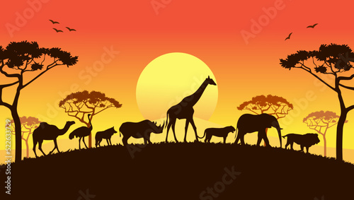 Savannah Animals Sunset Illustration Vector Art. Great African Savannah Landscape