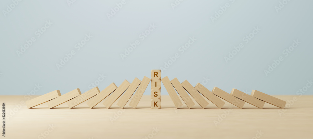 Leinwandbild Motiv - Monster Ztudio : Risk management concept. Wooden block stopping domino effect for business. 3d render illustration