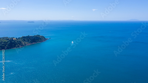  Aerial View from Ocean, Beach, Green Trees and Mountains in Waiheke Island, New Zealand - Auckland Area
