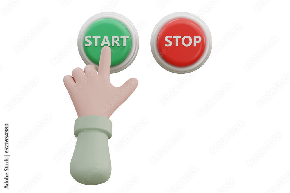 Cartoon hand pressing the green button. system control Cartoon hand pressing the green button. system control
