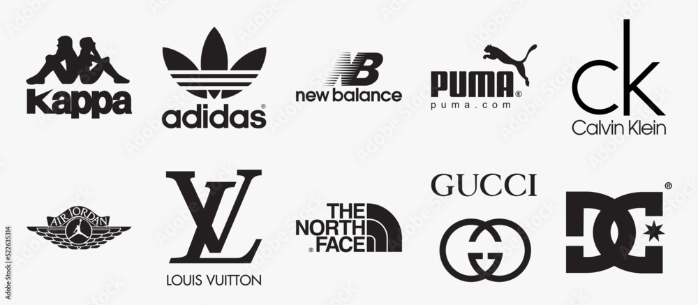 Top 10 fashion brands logo collection: Air Jordan, Calvin Klein, Kappa, DC Shoes, Balance, Adidas, Gucci, Louis Vuitton, puma, illustration. vector de Stock | Adobe Stock