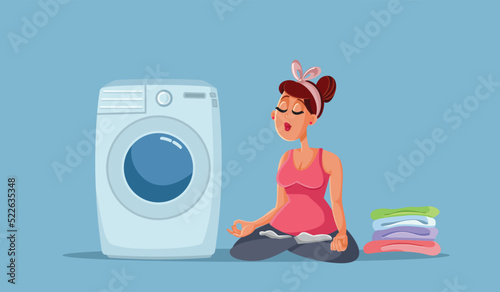 Calm Woman with Laundry Waiting Next to a Washing Machine. Carefree lady waiting to the clothes to be washed meditating in yoga pose
