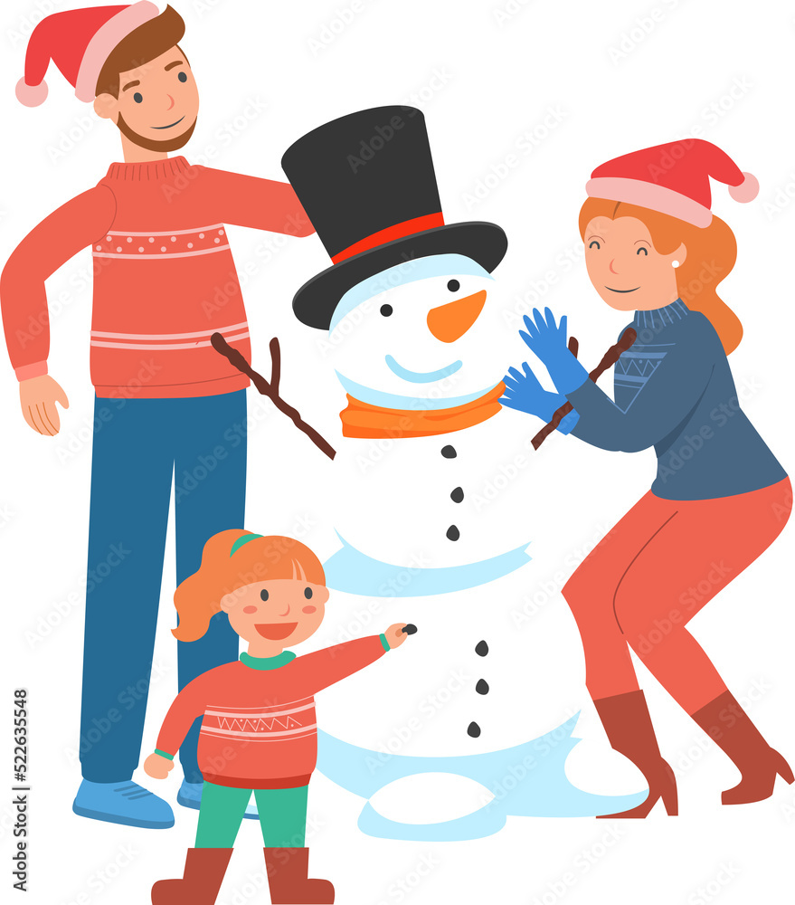 Family Decorating Snowman Illustration