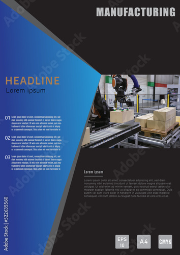 Industrial manufacturing template design in A4 size. Modern warehouse logistics document report leaflet book cover and brochure. Vector and illustration design.