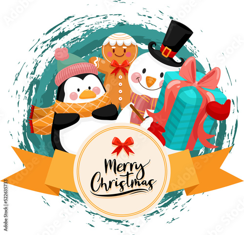 Penguin, Gingerbread Man and Snowman Character with Gift Box Illustration