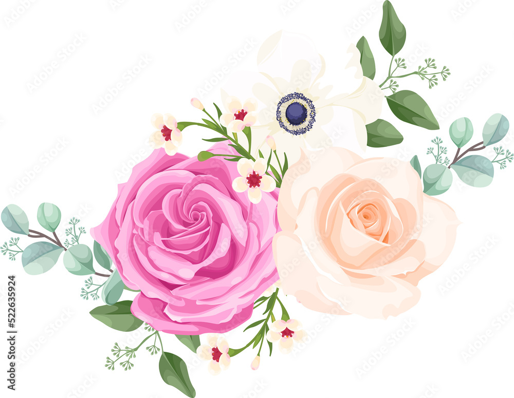 Fototapeta White and Pink Flowers Blossom with Leaves for Decorative Element