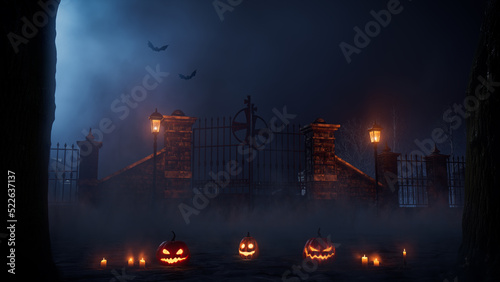 Ghostly Halloween Churchyard Gate Illustration with Illuminated pumpkins and Candles. photo