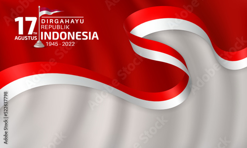Happy Indonesian Independence Day banner template with red and white flag ribbon decoration on gray waving background. 