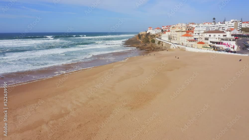 Aerial Drone View of Sandy Beach at Lisbon, Portugal at Praia das Macas, a Beautiful Coastal Town on the Atlantic Coast on Top of a Cliff, a Popular Tourist Destination in Europe Aerial Drone View of Sandy Beach at Lisbon, Portugal at Praia das Macas, a Beautiful Coastal Town on the Atlantic Coast on Top of a Cliff, a Popular Tourist Destination in Europe