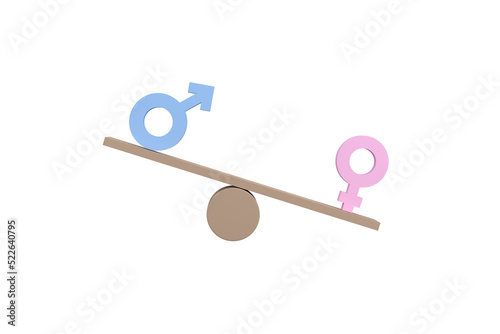 3D. Gender equality concept. Gender symbols unbalancing on wooden seesaw.