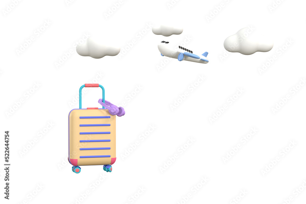 3D. model airplane with suitcase and headphone. concept travel. 3D. model airplane with suitcase and headphone. concept travel.