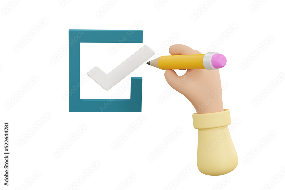 3D. Cartoon hand Checklist concept, checking mark on the check boxes with marker 3D. Cartoon hand Checklist concept, checking mark on the check boxes with marker