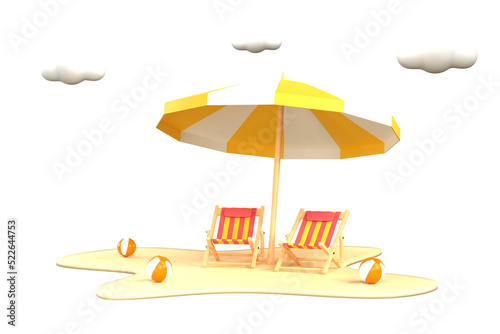 3D. Beach umbrella with beach chairs on pastel colors background.