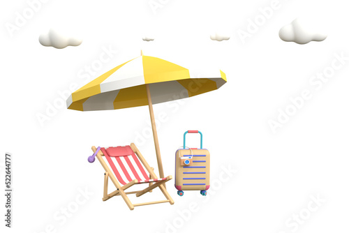 3d. beach sunbed with umbrella, wooden deck chair. Summertime relax. photo