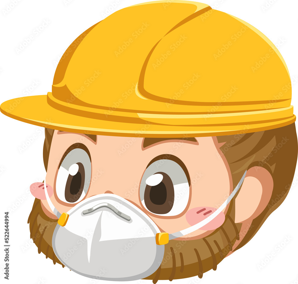 Face of repairman with helmet and protection dust mask