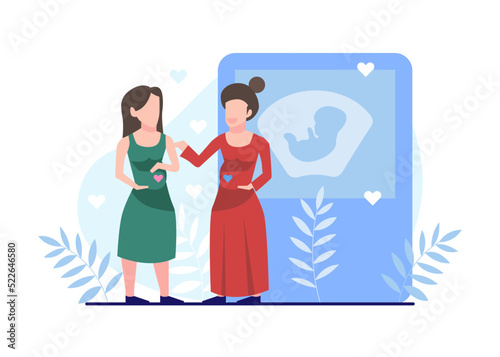 Pregnant Woman, Pregnancy, and Motherhood Flat Illustration Vector Isolated. A couple of happy pregnant women are chatting with each other against a background of flowers.