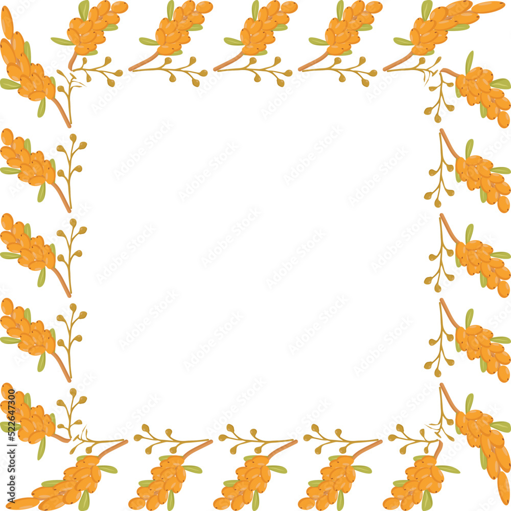 a square frame made of sea buckthorn branches for a poster of a postcard banner