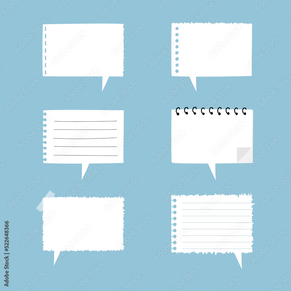 set of cute hand drawn, blank torn ripped paper sheet sticky note pad with tape, speech bubble balloon think, speak, talk, text box banner, flat design vector illustration