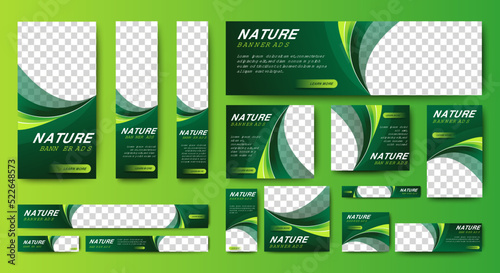 Nature banner design web template Set, Horizontal header web banner. Modern Gradient green cover header background for website design, Social Media Cover ads banner, flyer, invitation card
