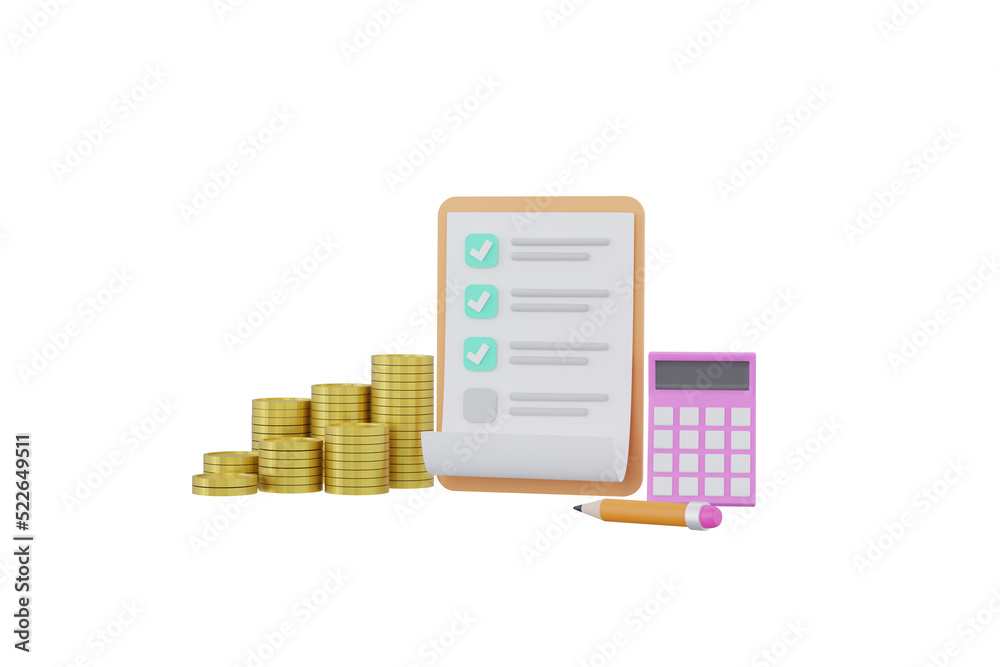 Obraz premium check list with clipboard, check mark, pile money coins isolated.