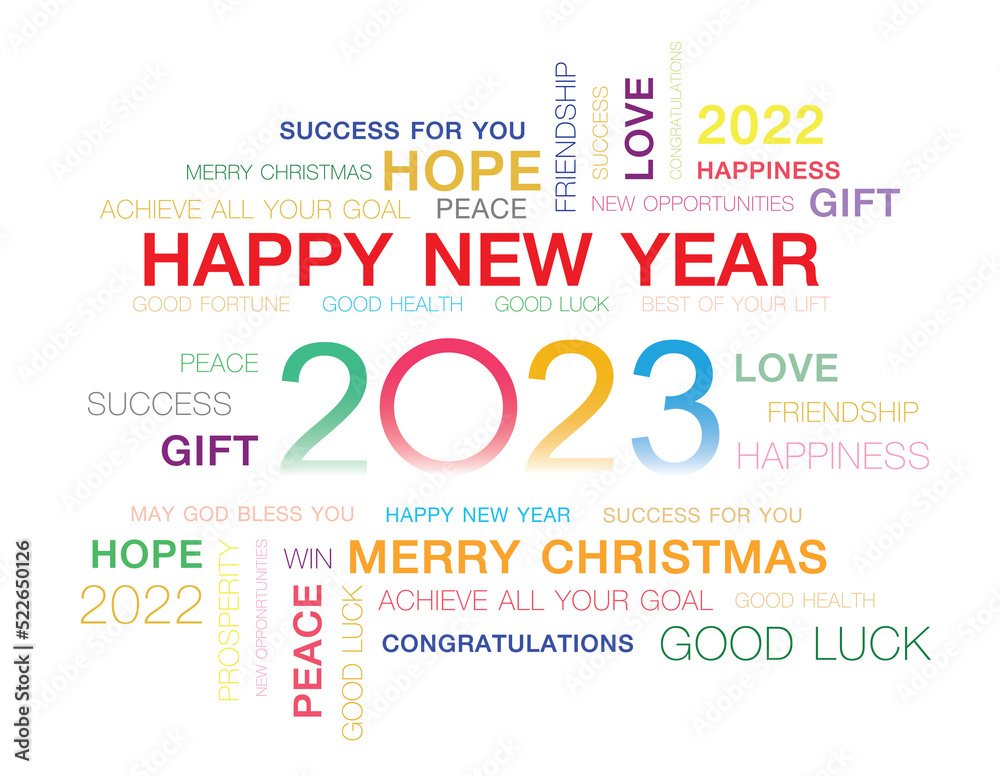 Obraz premium Greeting words around New Year date 2023 in many color. Happy New Year 2023 colorful negative space numbers word cloud text . Color text in Pride LQBTQ 