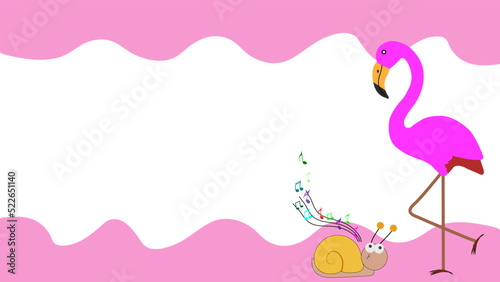 Cartoon flamingo and snail on banner dripping wave pink. There is white space for the text.