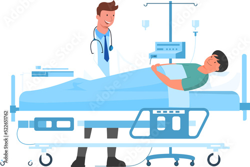 Patient is in a medical bed on a drip with doctor