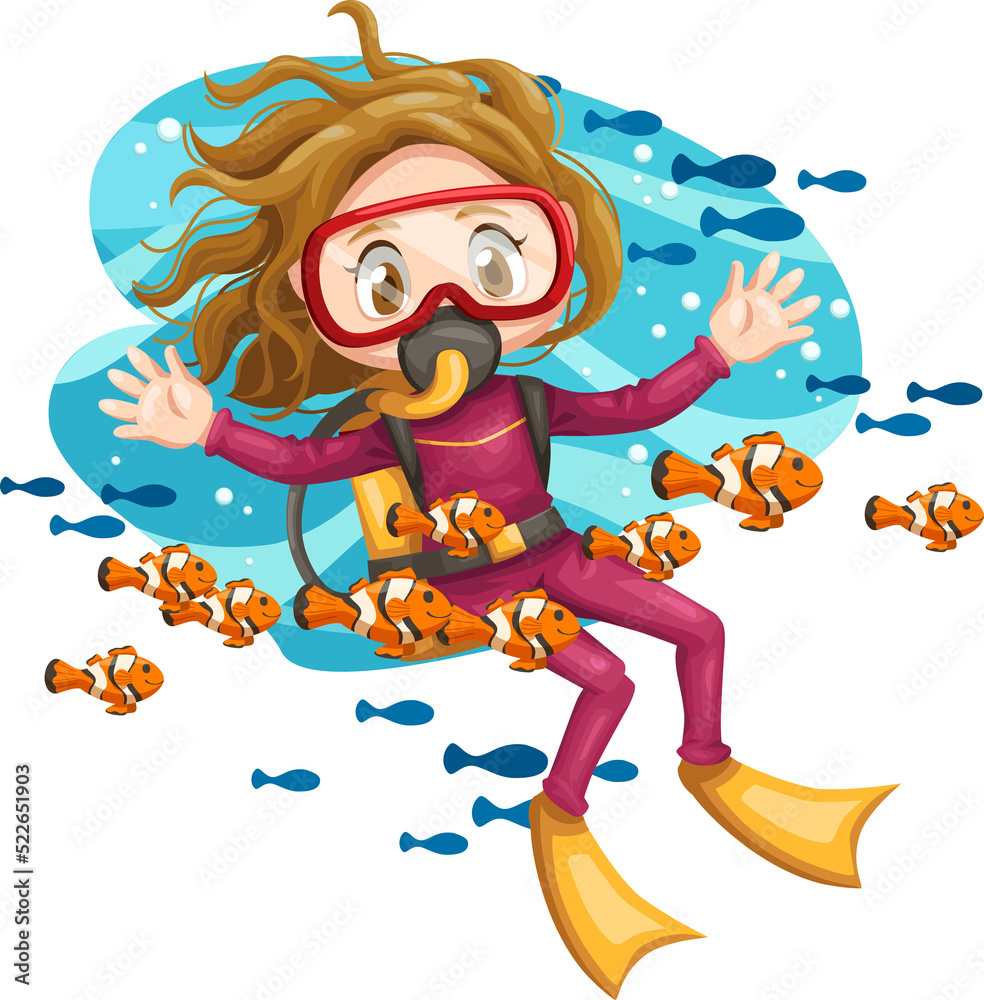 girl scuba diving cute cartoon