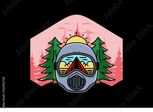 a trail helmet with a pine tree beside