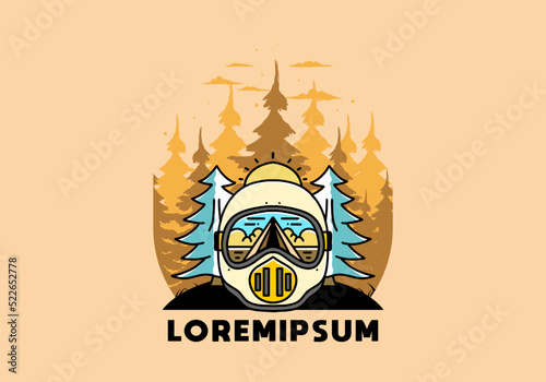 a trail helmet with a pine tree beside