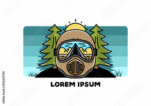 a trail helmet with a pine tree beside