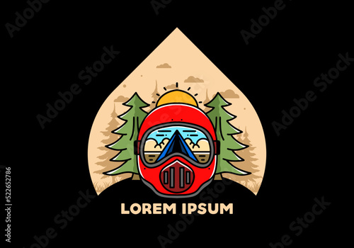 a trail helmet with a pine tree beside