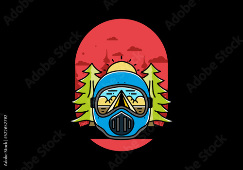 a trail helmet with a pine tree beside