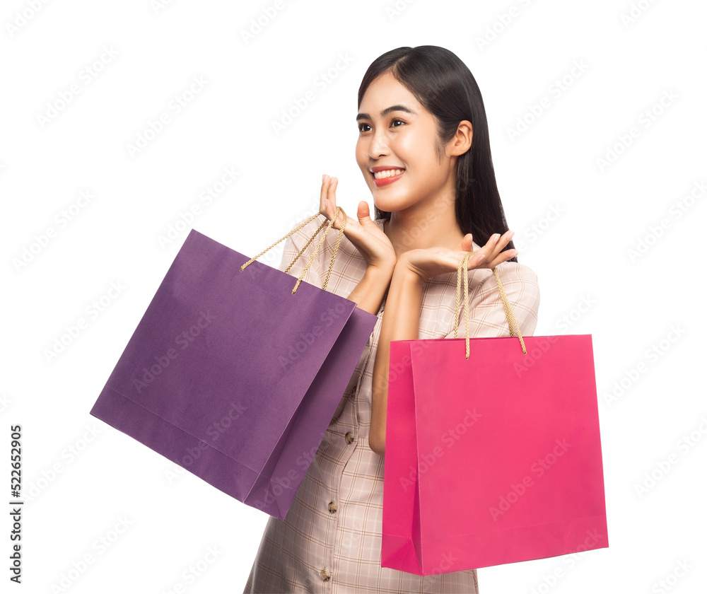 Asian woman with her shopping bags, Png file.