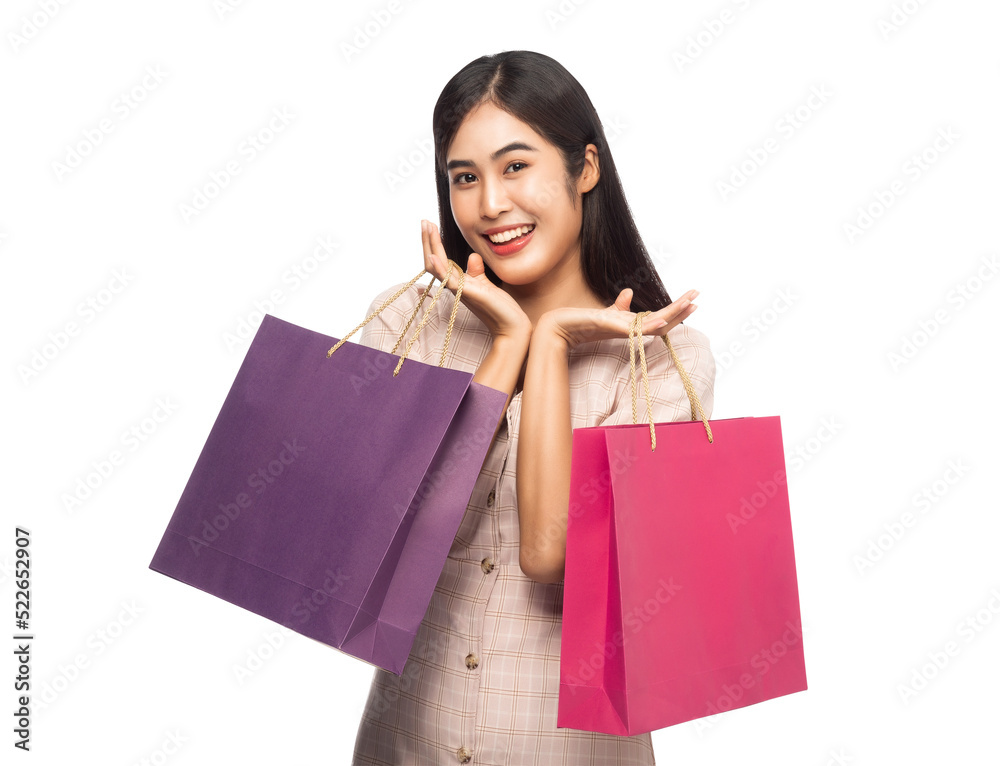 Asian woman with her shopping bags, Png file.